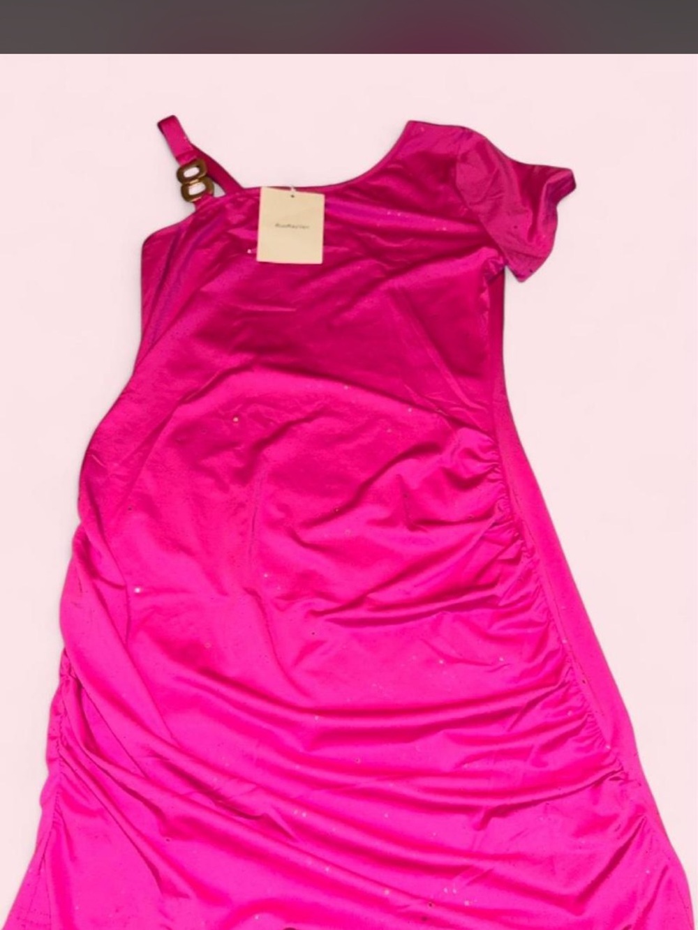 One-Shoulder Hot Pink Mini Dress with Buckle Detail